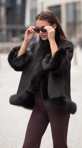 Cashmere & Fox Fur Wrap Coat - Black