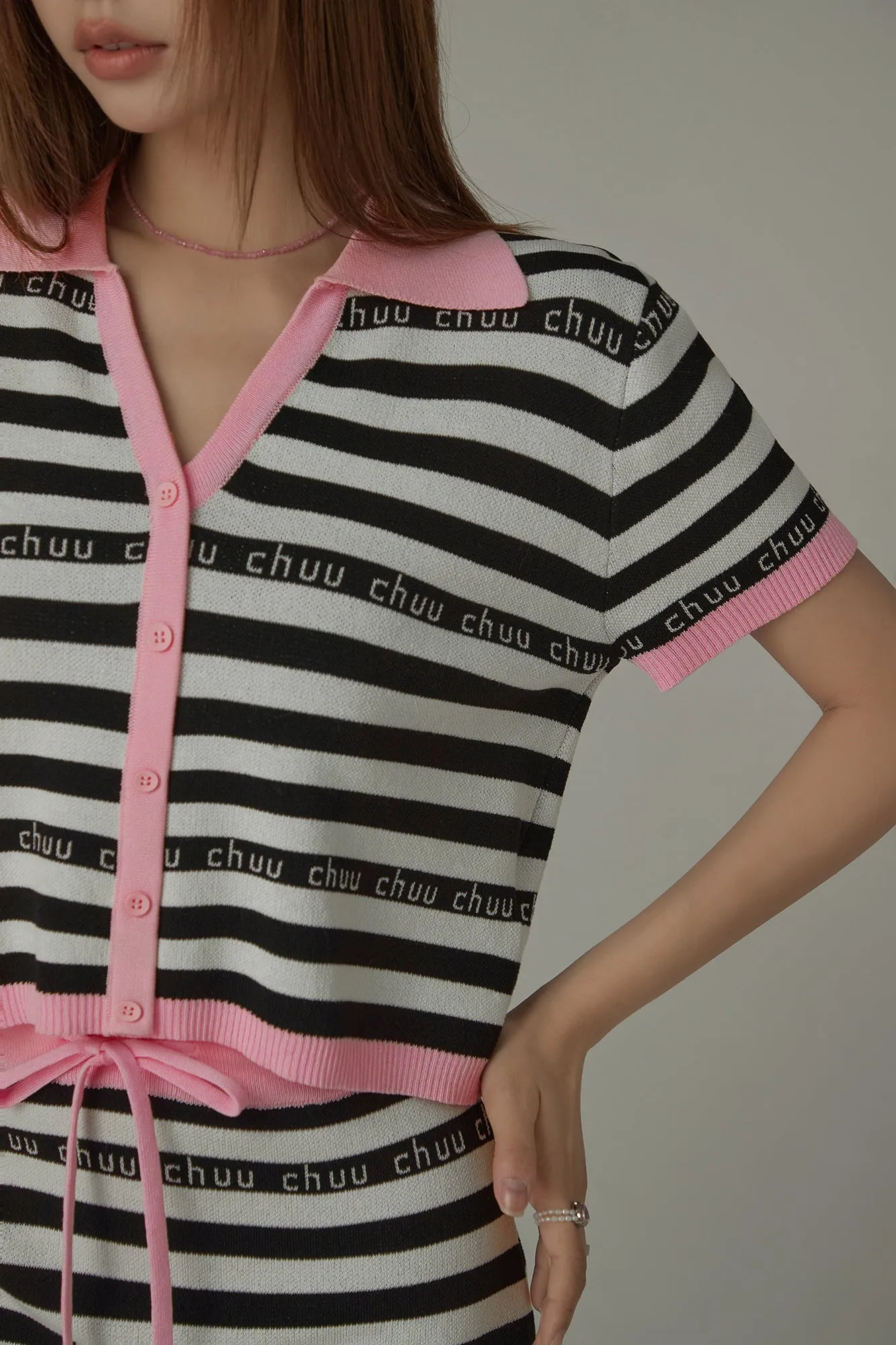 Chuu Lettering Striped Contrasting Color Knitted Sweater