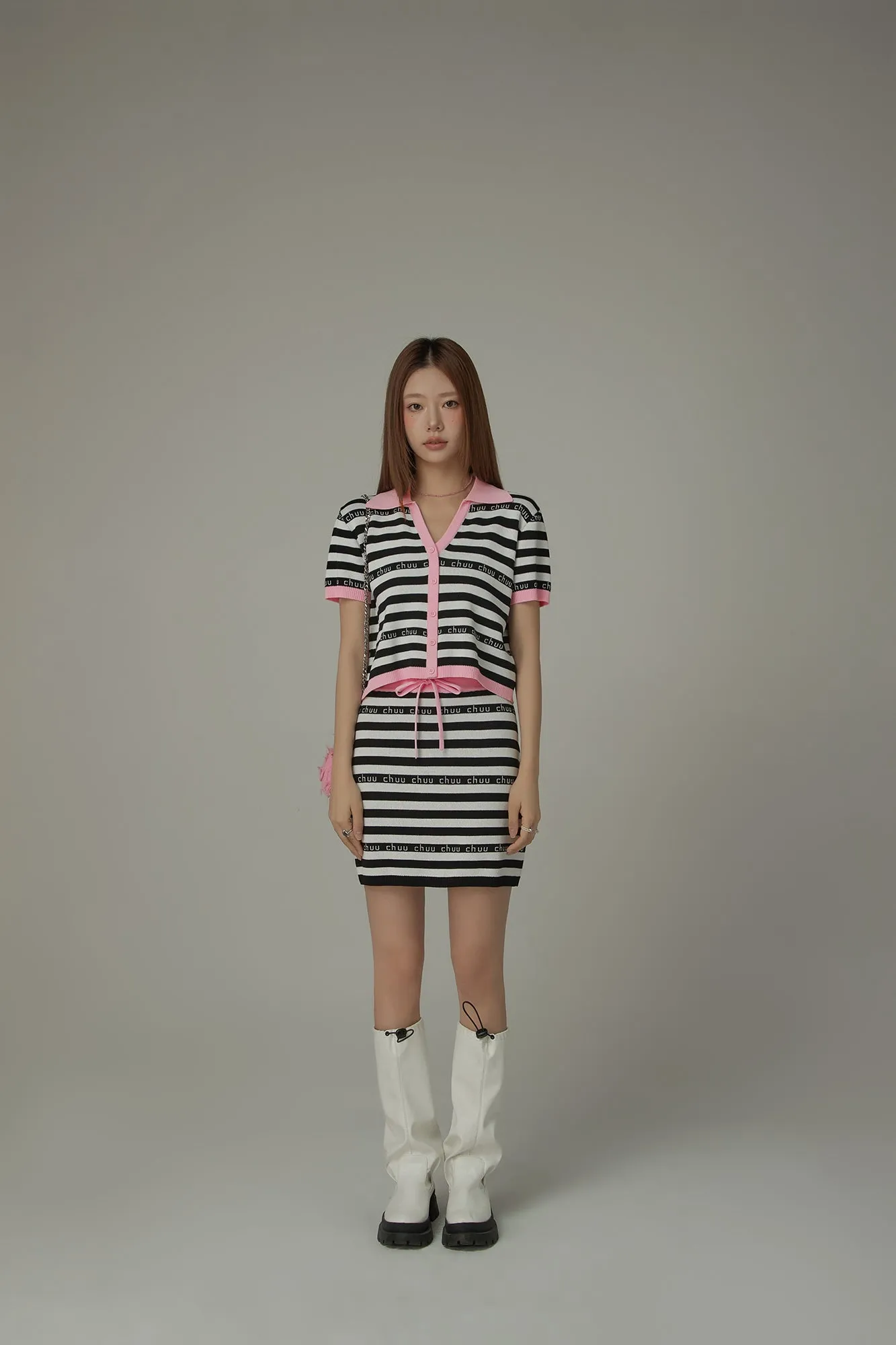 Chuu Lettering Striped Contrasting Color Knitted Sweater