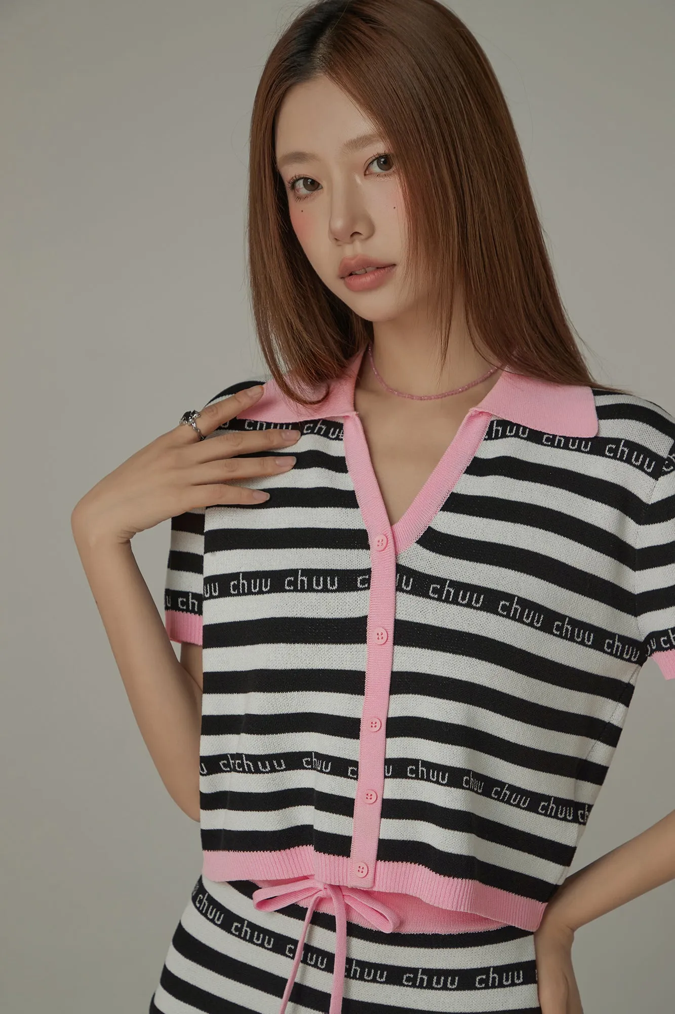 Chuu Lettering Striped Contrasting Color Knitted Sweater