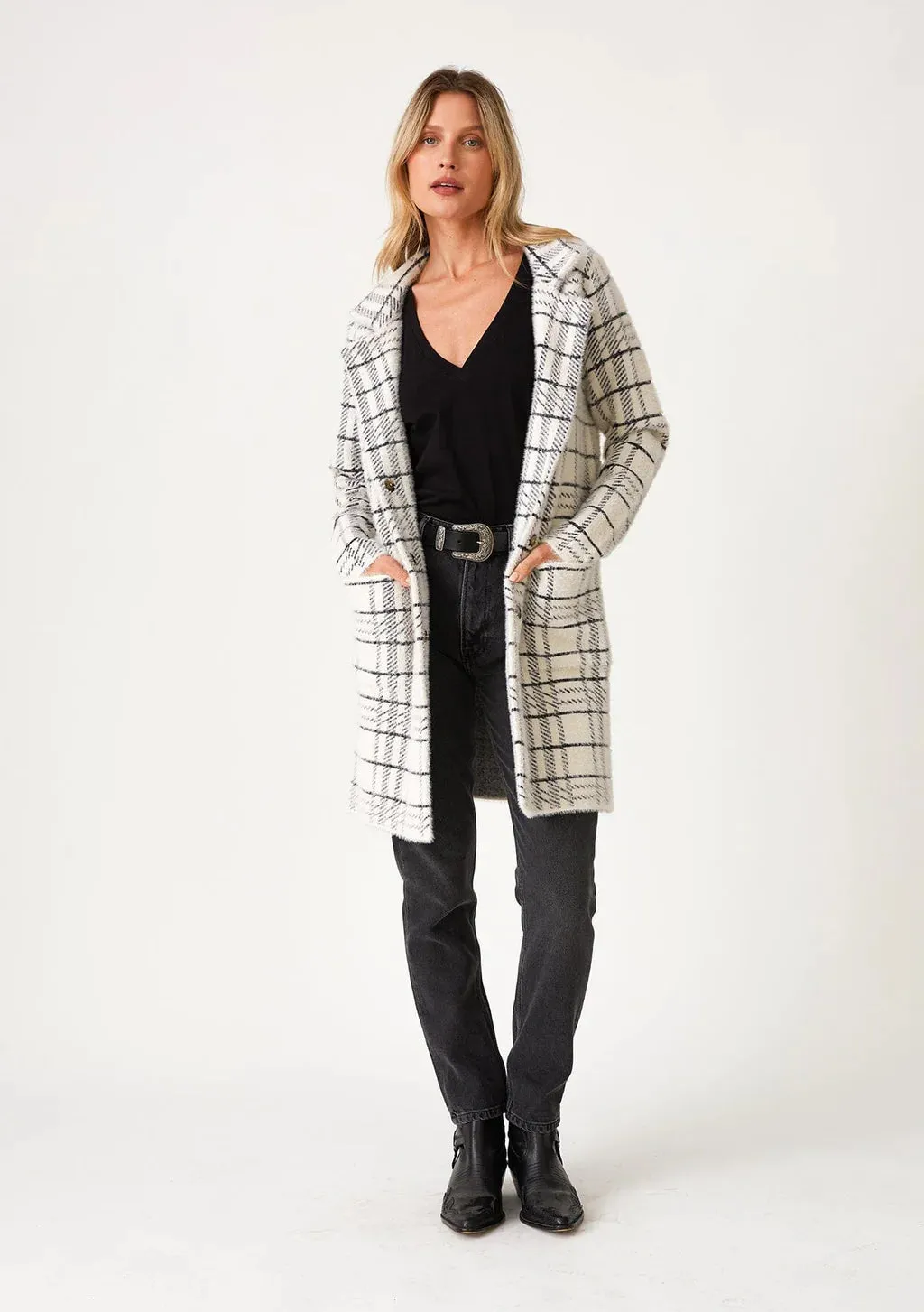 COLLARED PLAID SWEATER COAT (CREAM/BLACK)