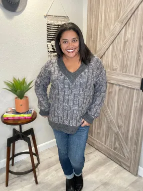 Cozy Purple Charcoal Patterned V-Neck Sweater