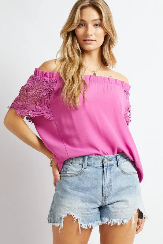 CROCHET LAEC SLEEVE ACCENT OFF SHOULDER TOP