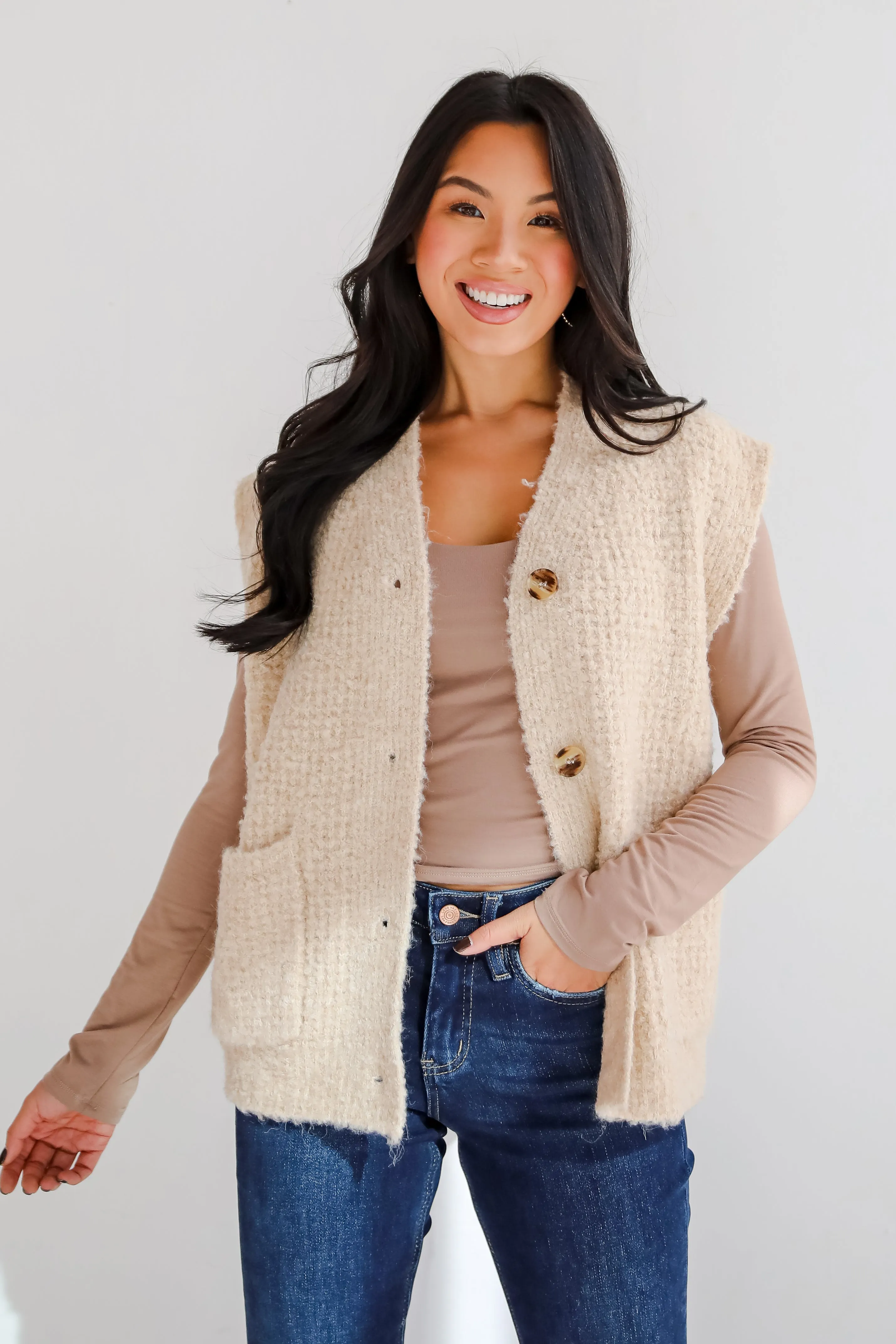 Elevated Comfort Oatmeal Fuzzy Knit Sweater Vest