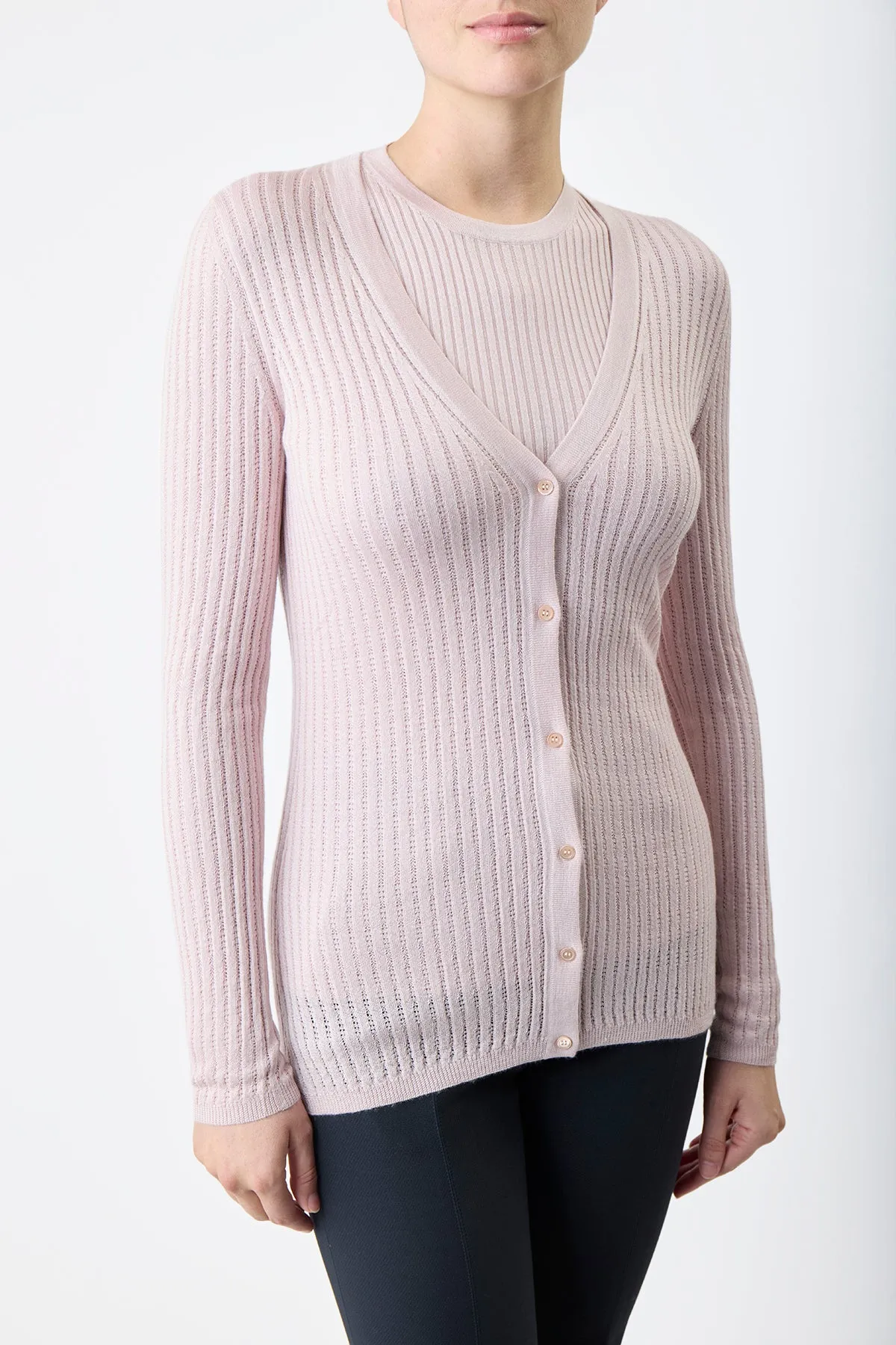 Emma Pointelle Knit Cardigan in Blush Cashmere Silk