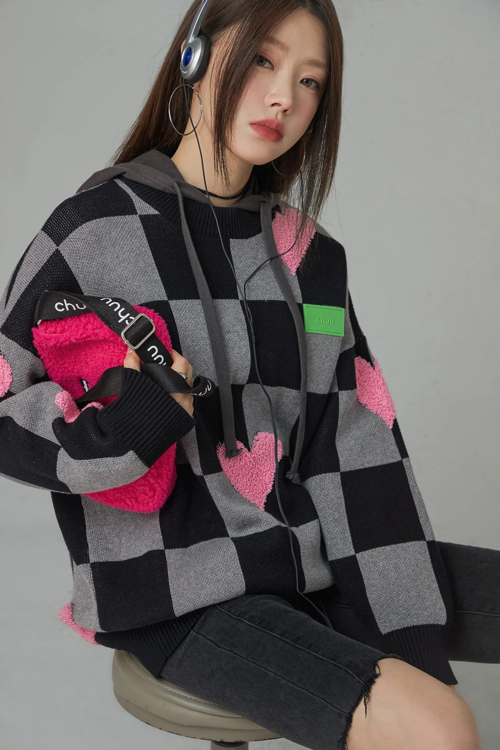 Fleece Hearts On Check Knit Sweater