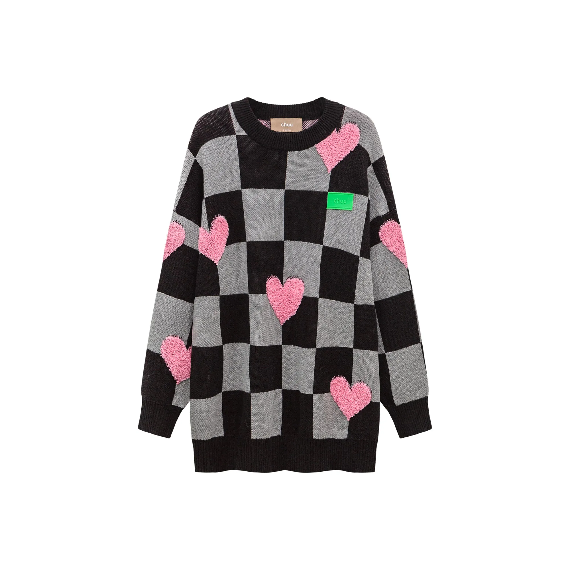 Fleece Hearts On Check Knit Sweater