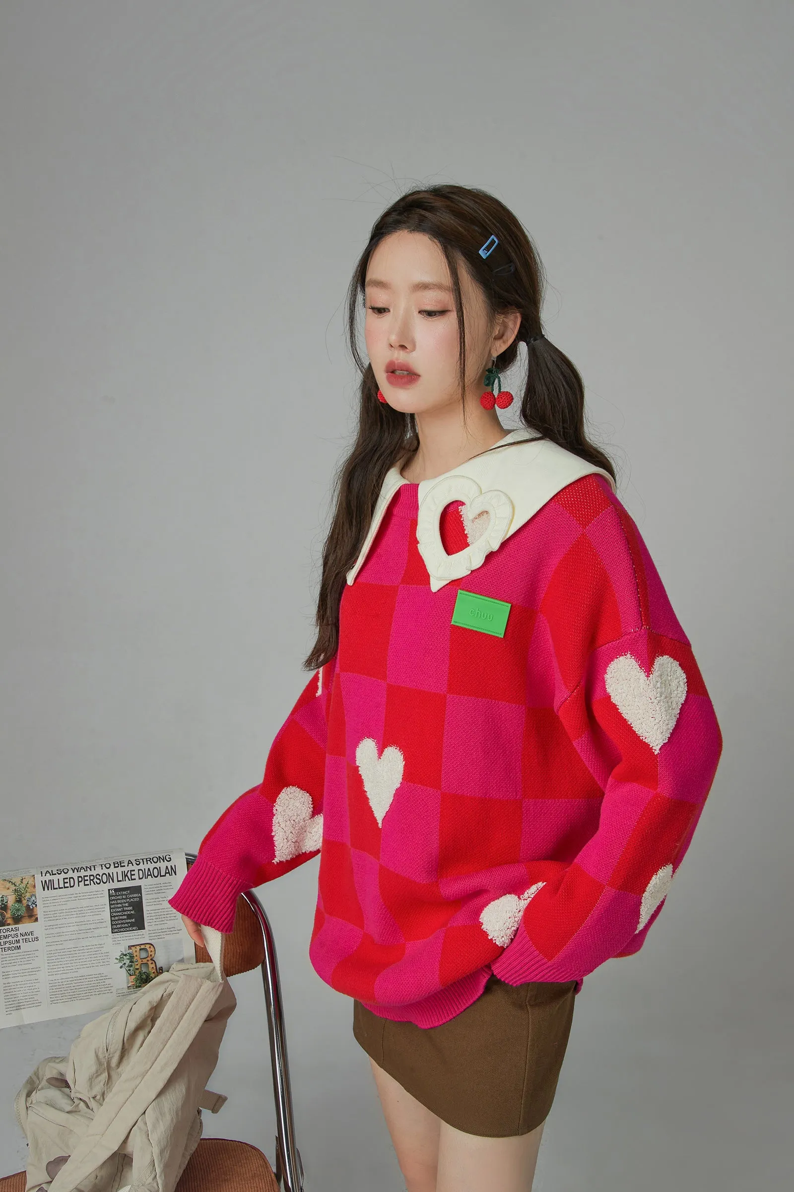 Fleece Hearts On Check Knit Sweater