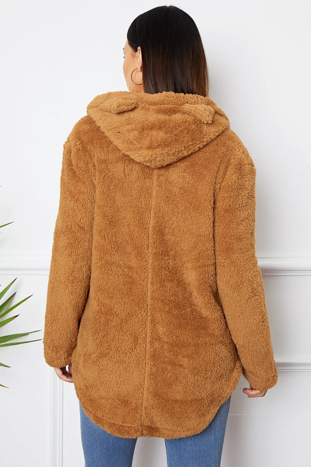 Fuzzy Button Up Hooded Outerwear