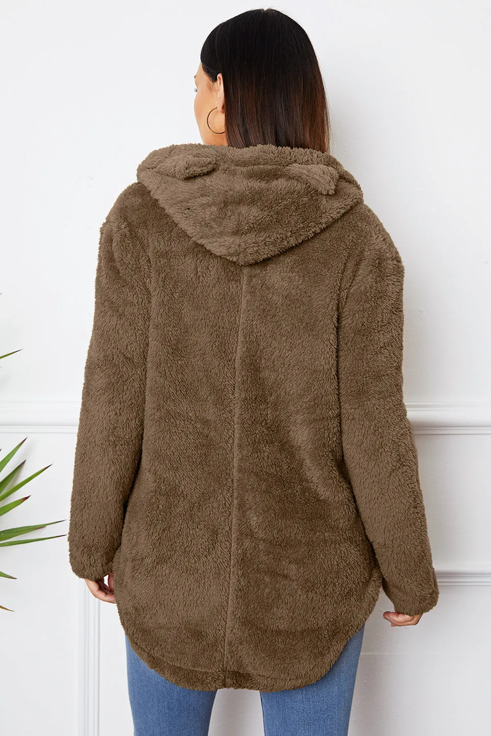 Fuzzy Button Up Hooded Outerwear