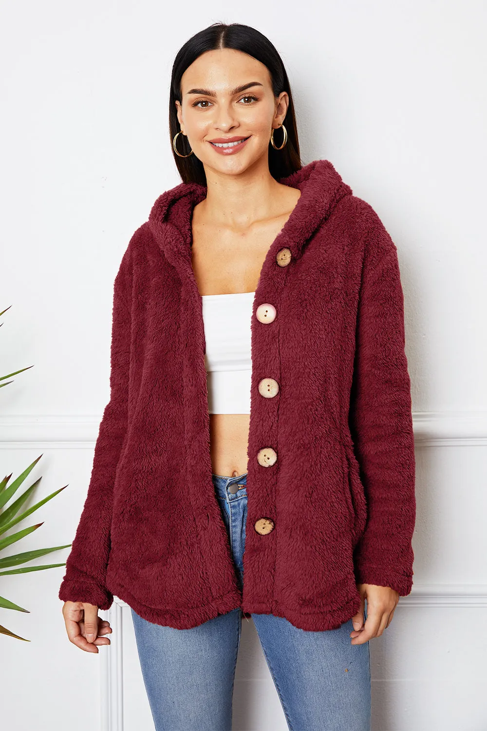 Fuzzy Button Up Hooded Outerwear