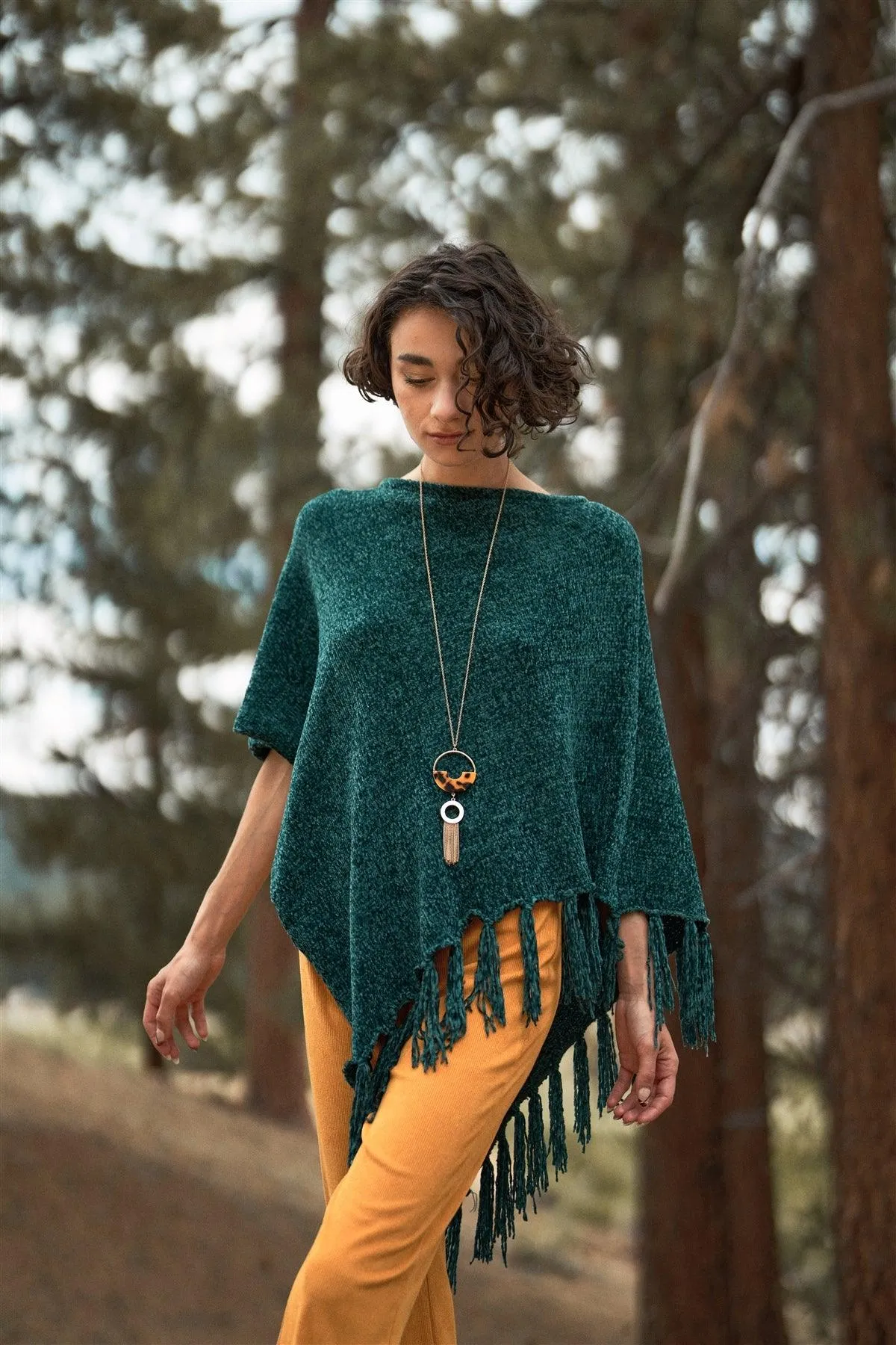 Green Chenille Knit Tassel Fringe Side Trim Poncho