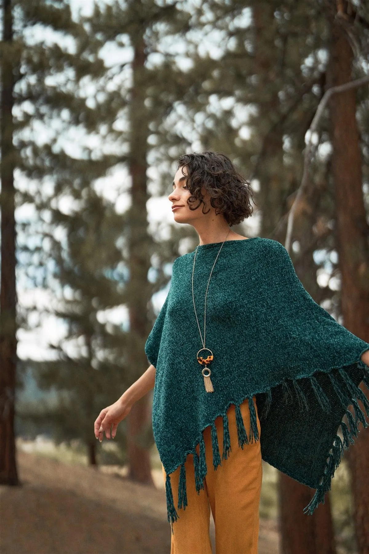 Green Chenille Knit Tassel Fringe Side Trim Poncho