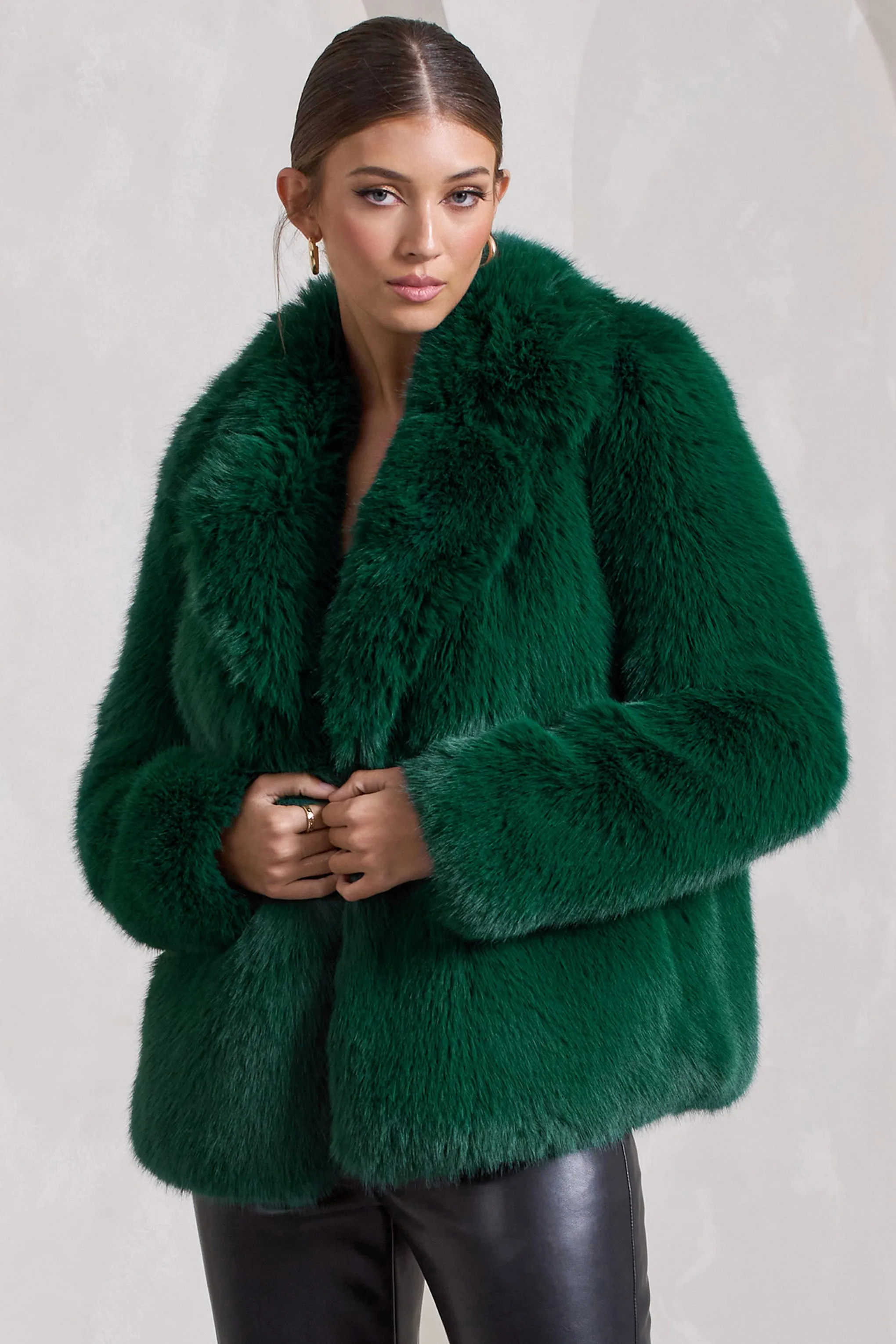 Hot Toddy | Bottle Green Short Faux Fur Coat