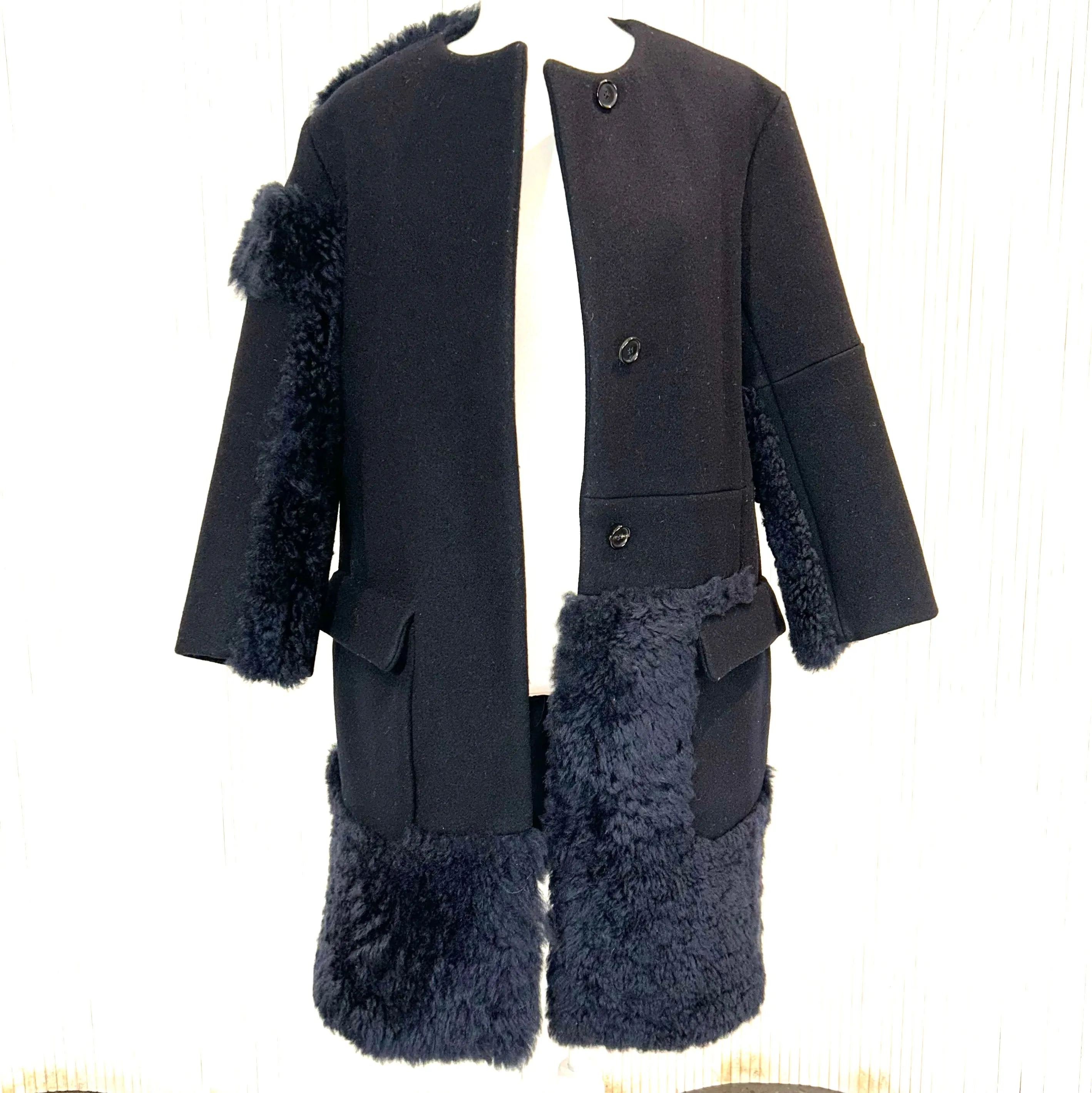 Jil Sander Black Wool & Shearling Collarless Coat S