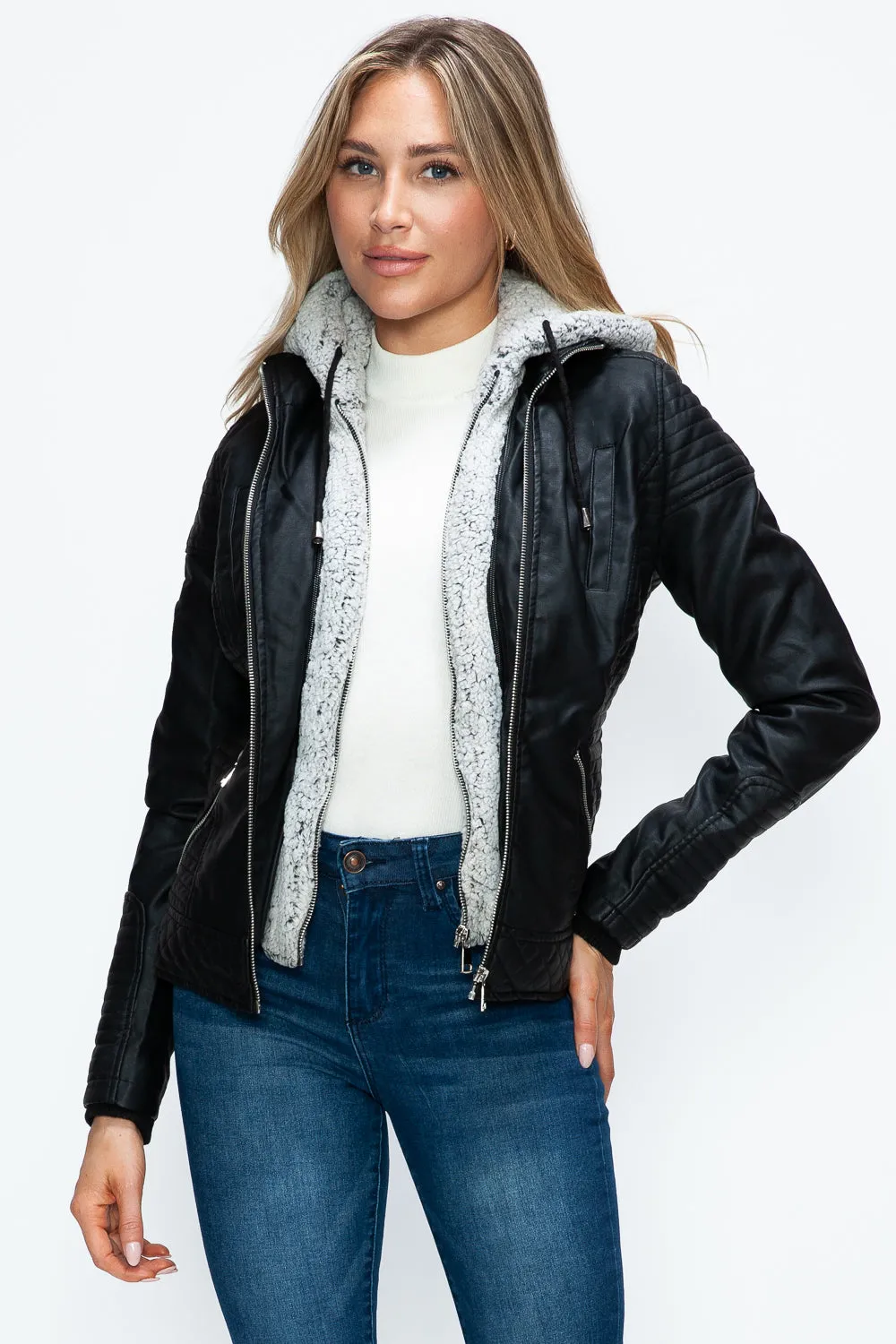 Layered Double-Zipper Jacket with Fuzzy Hood