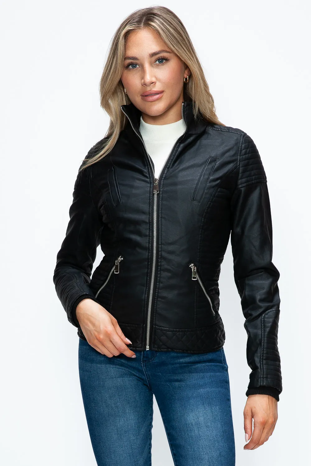 Layered Double-Zipper Jacket with Fuzzy Hood