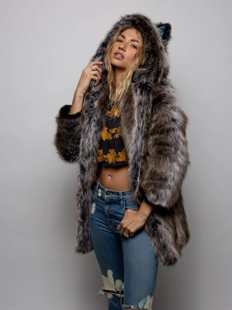 LE Grey Wolf Palm Faux Fur Coat