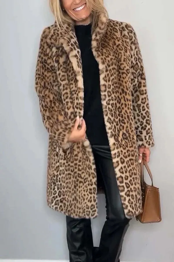 Leopard Print Lapel Long Sleeve Mid-length Plush Coat