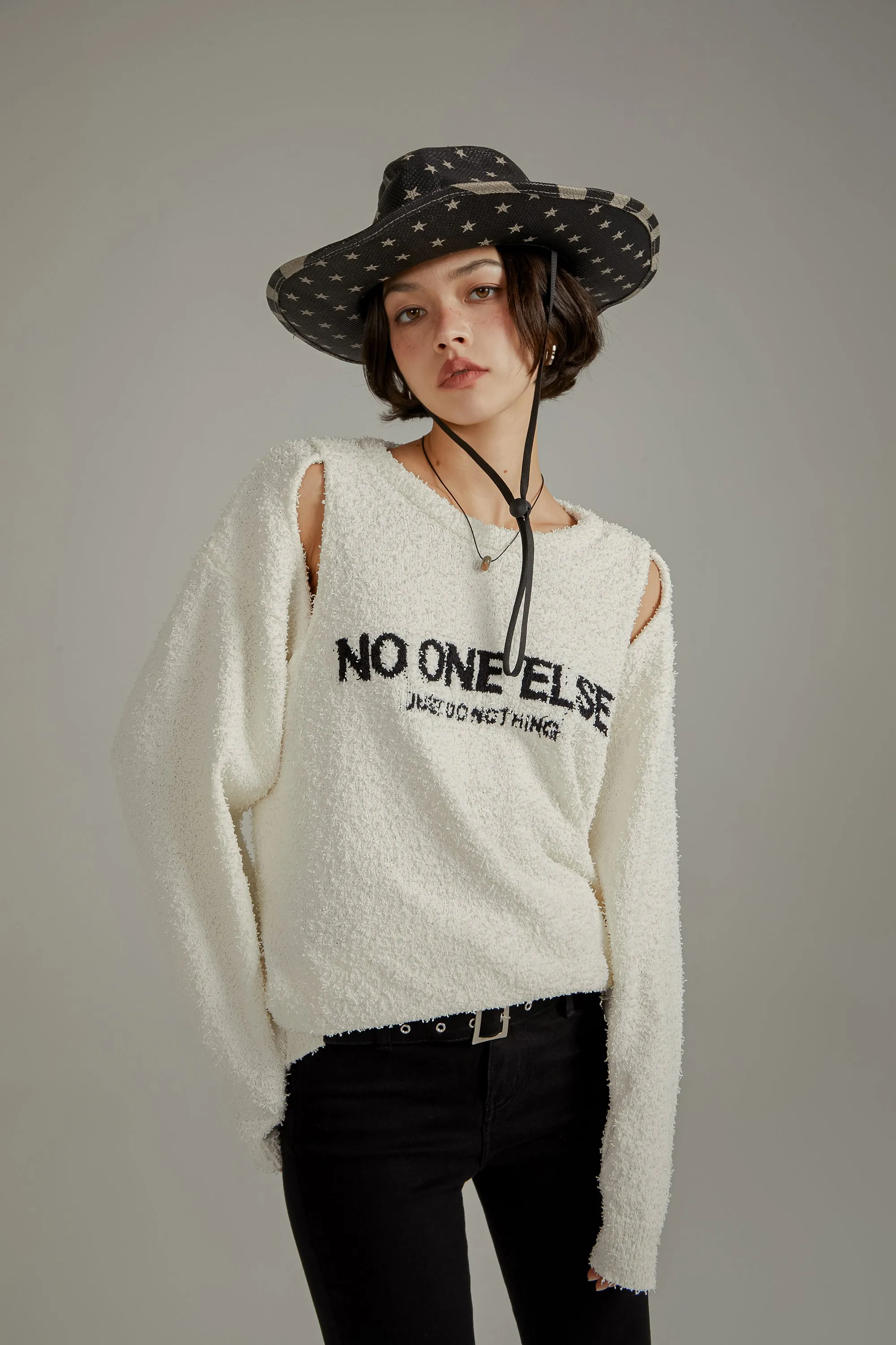 Logo Shoulder Split Loose Knit Sweater