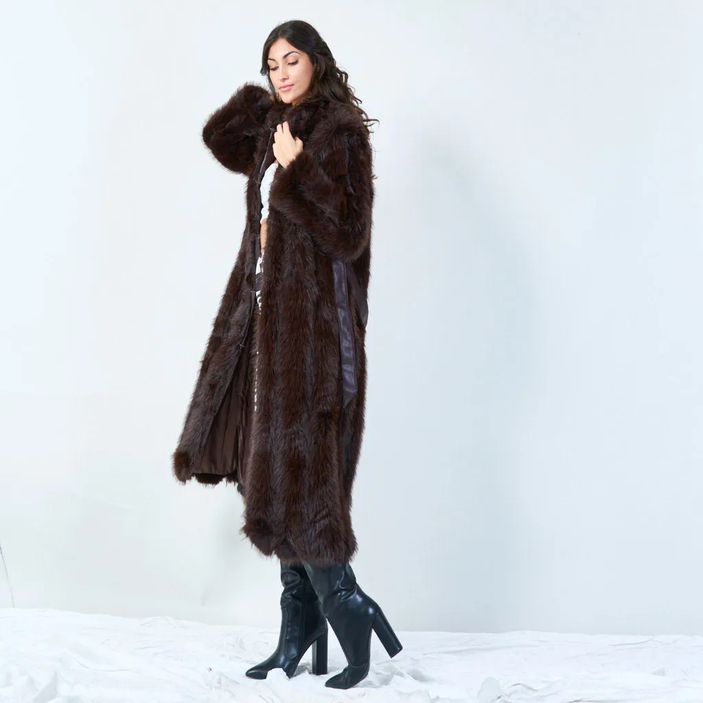 Long faux fur coat with waist tie wholesale