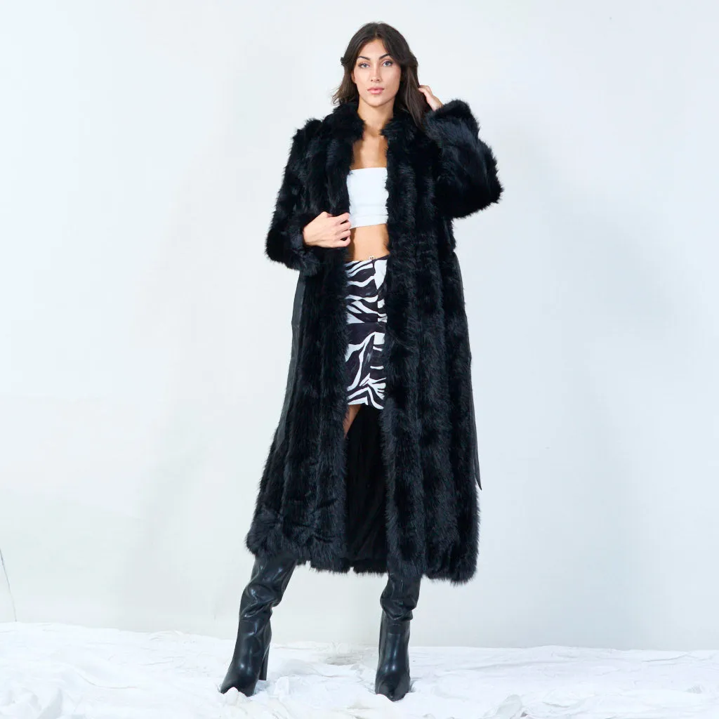 Long faux fur coat with waist tie wholesale