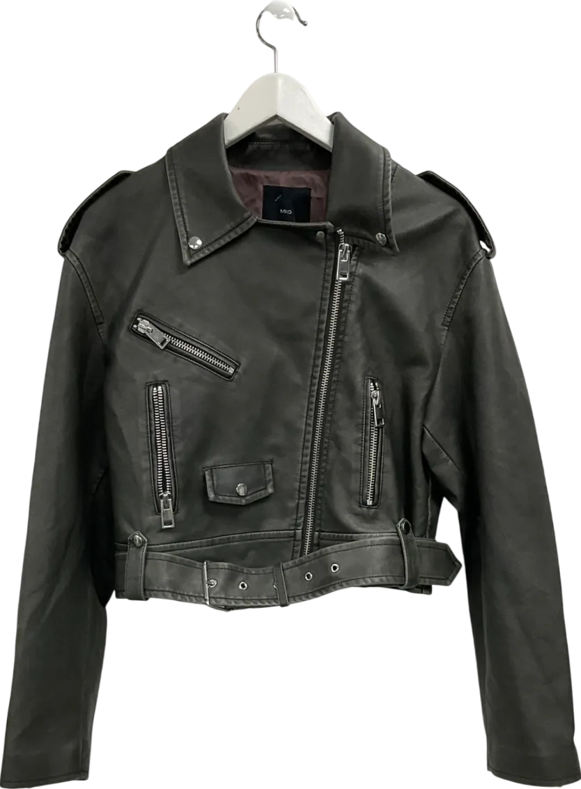 MANGO Grey Faux Leather Belted Biker Jacket UK M