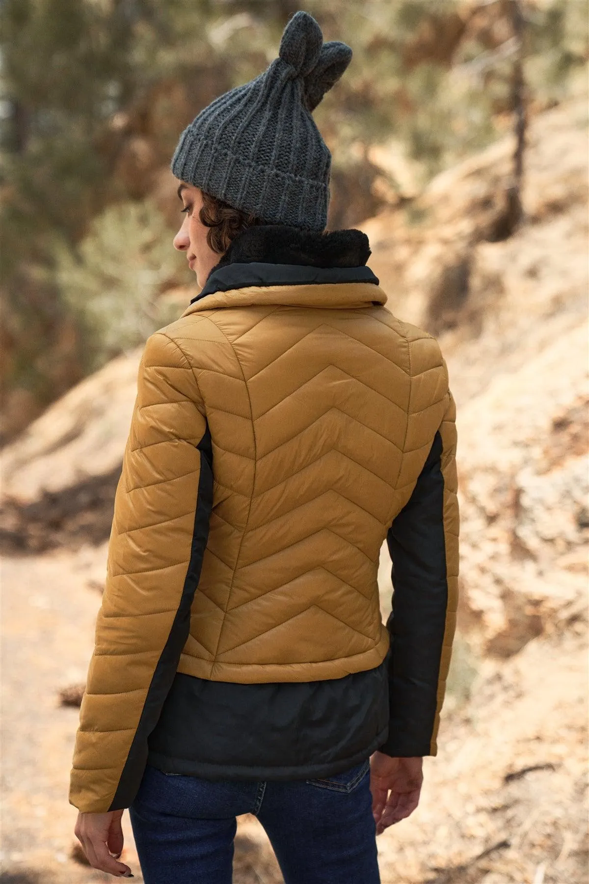 Mustard & Black Chevron Quilted High Neck Double Zip Fastening Puffer Jacket /1-1-1-1