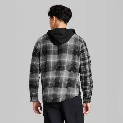 New - Men's Checked Hooded Button-Down Shirt - Original Use Black XL