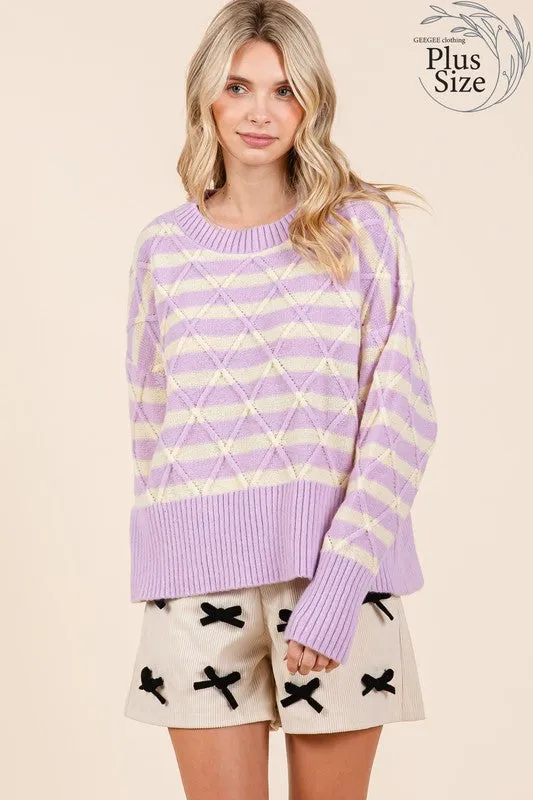 Plus Size Loose Fit Striped Argyle Knit Sweater