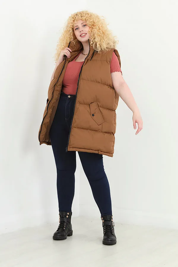 PLUS SIZE TOFFEE HOODED LONGLINE PADDED GILET