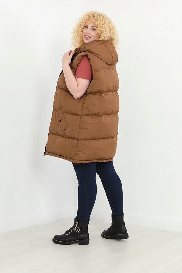 PLUS SIZE TOFFEE HOODED LONGLINE PADDED GILET