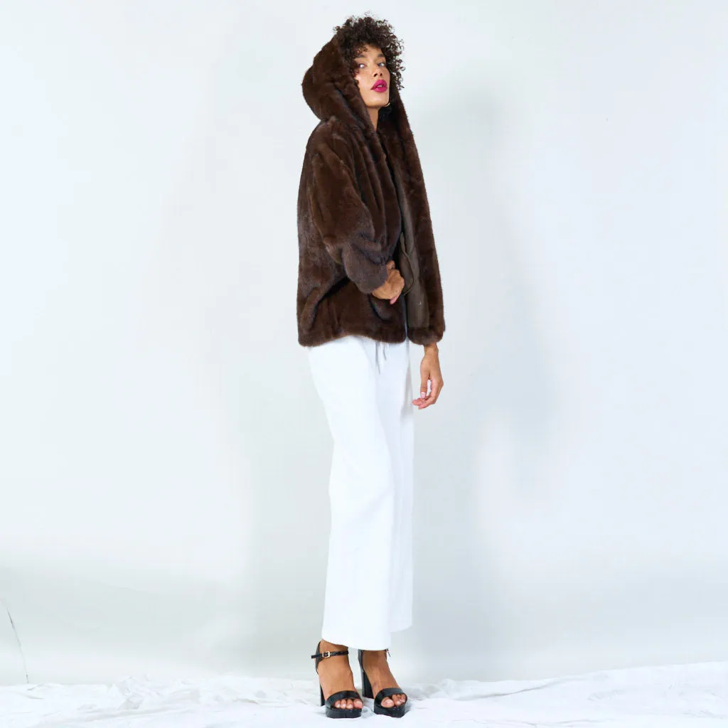 Plush faux fur jacket with hood wholesale