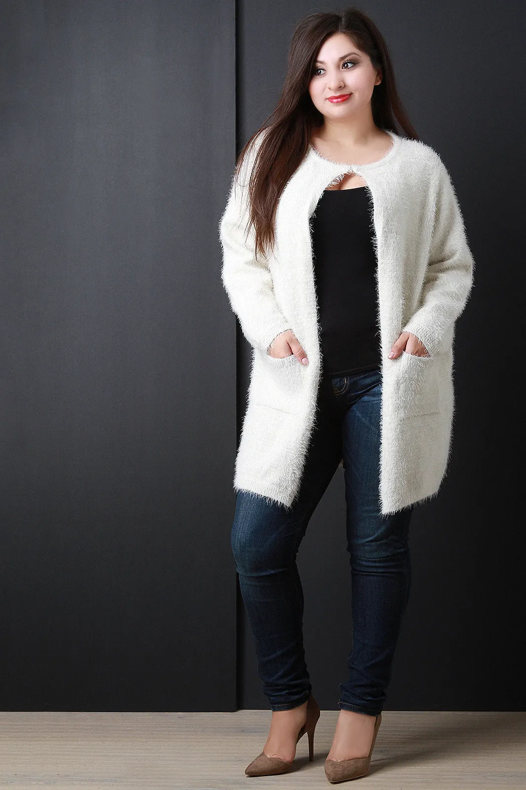 Plush Metallic Knit Pocket Cardigan