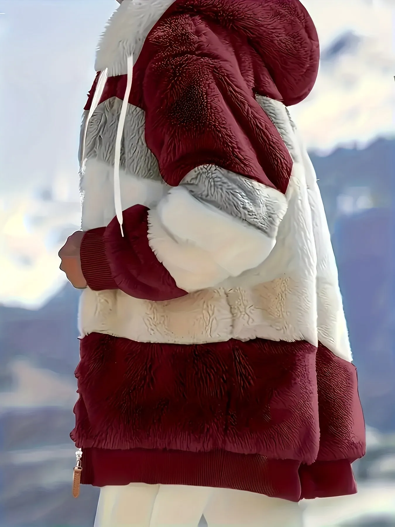 "Color Block Fuzzy Hooded Coat - Jackets In Winter Cozy Long Sleeve Winter Jacket"