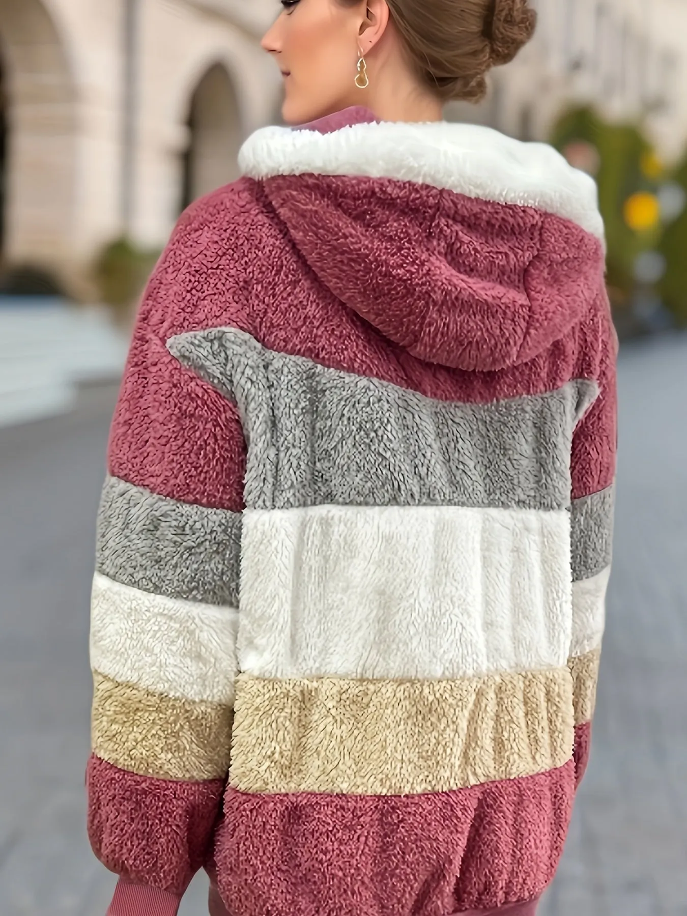 "Color Block Fuzzy Hooded Coat - Jackets In Winter Cozy Long Sleeve Winter Jacket"