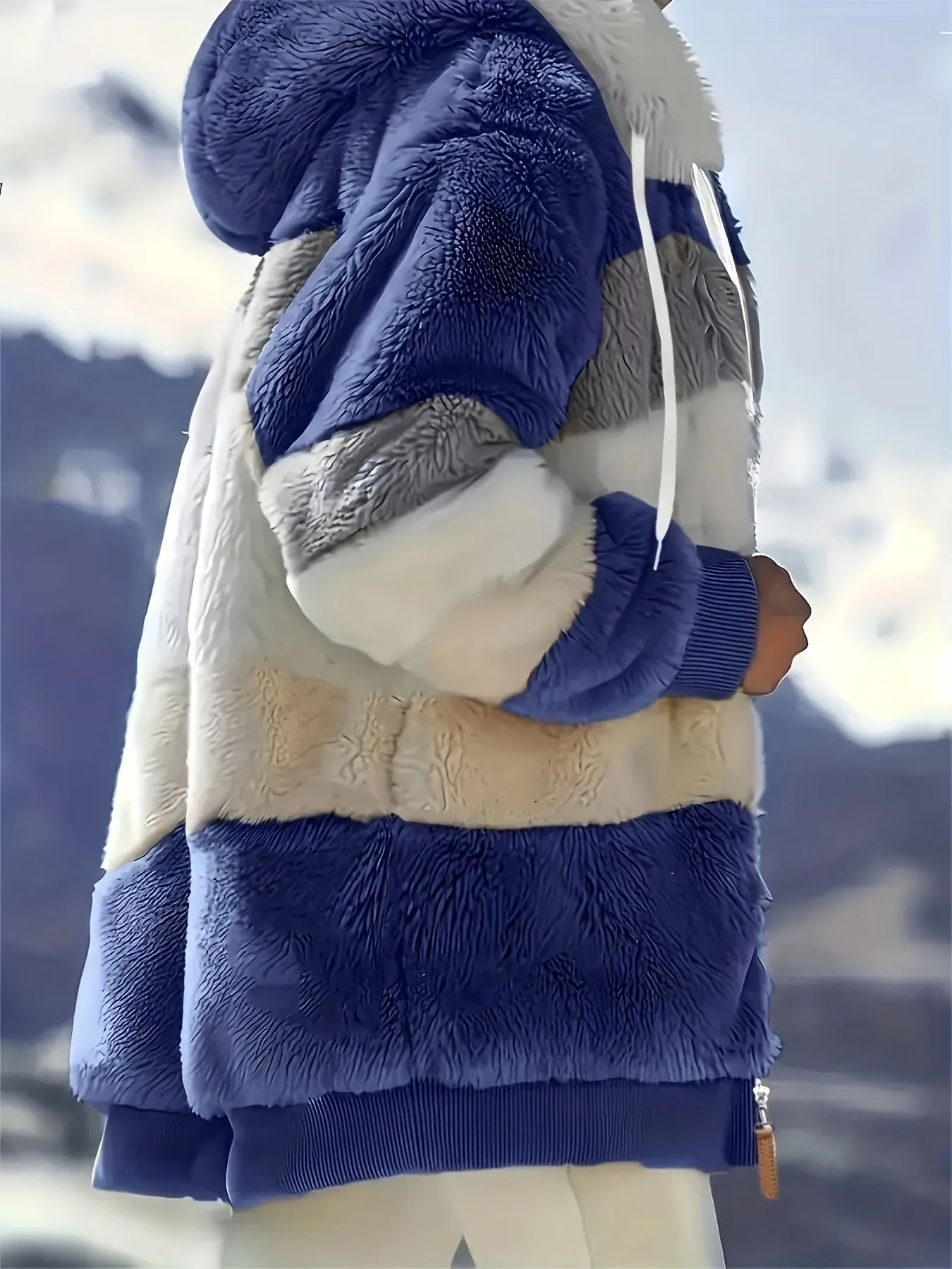 "Color Block Fuzzy Hooded Coat - Jackets In Winter Cozy Long Sleeve Winter Jacket"