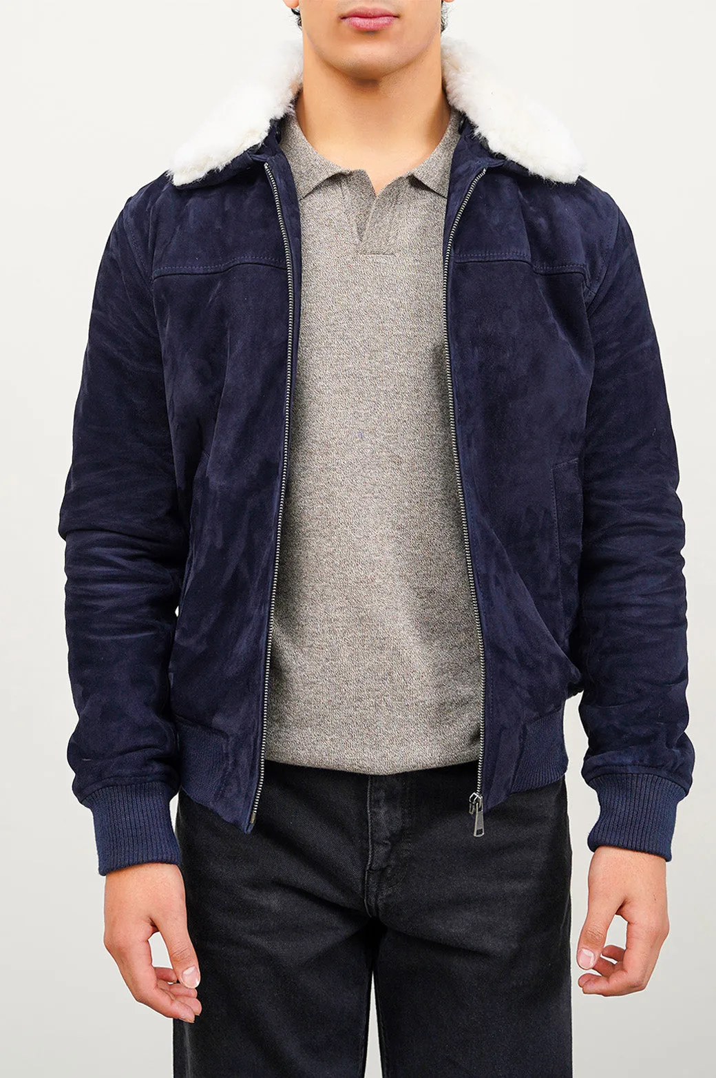 SUEDE JACKET WITH LAMB WOOL COLLAR