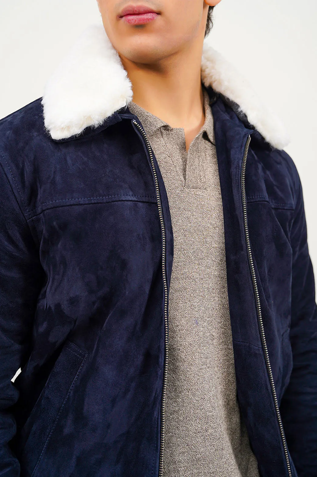 SUEDE JACKET WITH LAMB WOOL COLLAR