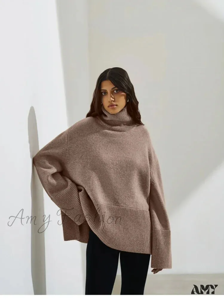 Turtle Neck Autumn Winter Women Soft Warm Basic Knitted Split Pullover Loose Casual Sweater