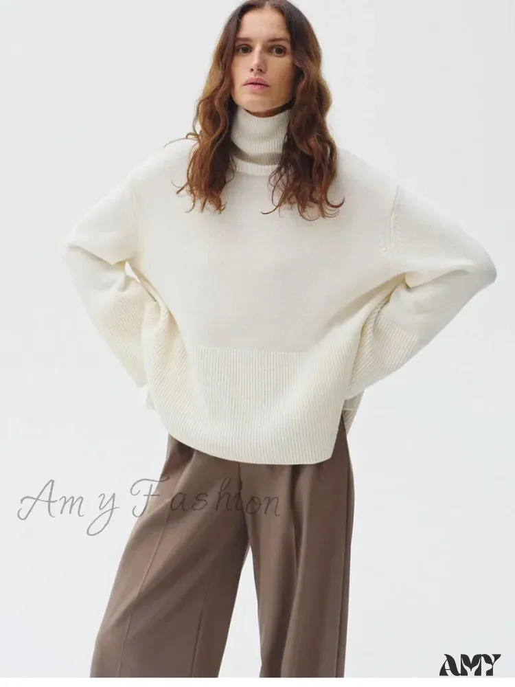 Turtle Neck Autumn Winter Women Soft Warm Basic Knitted Split Pullover Loose Casual Sweater