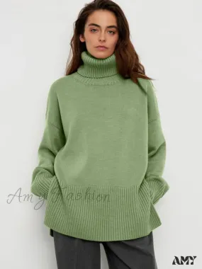 Turtle Neck Autumn Winter Women Soft Warm Basic Knitted Split Pullover Loose Casual Sweater