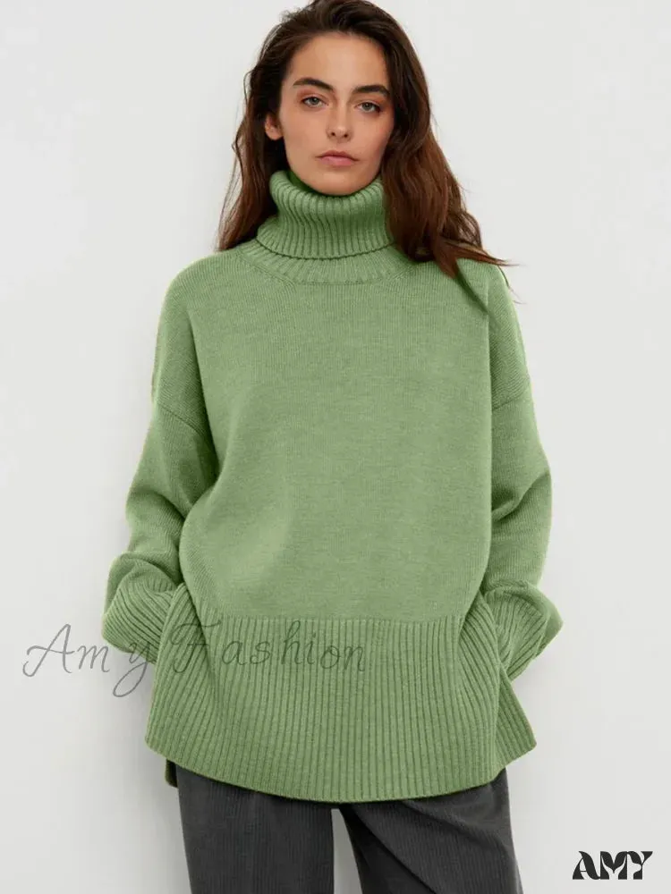 Turtle Neck Autumn Winter Women Soft Warm Basic Knitted Split Pullover Loose Casual Sweater