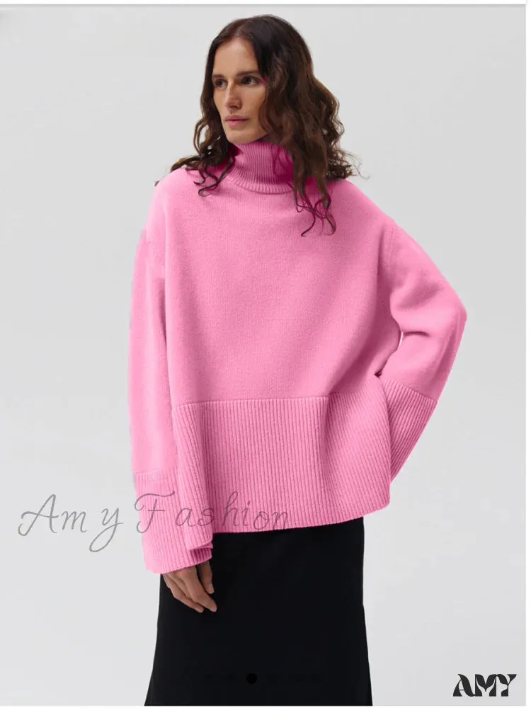 Turtle Neck Autumn Winter Women Soft Warm Basic Knitted Split Pullover Loose Casual Sweater