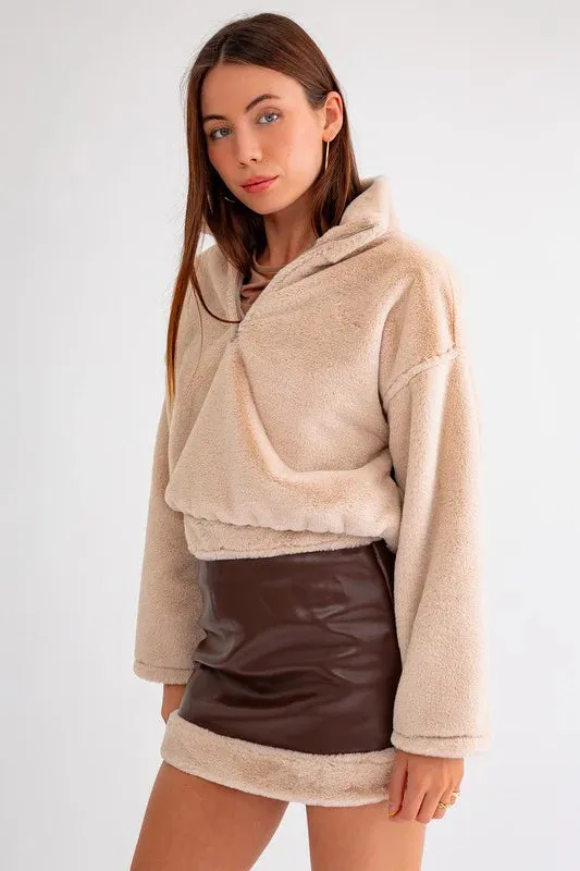 Vegan Fur Half Zip Up Elastic Waist Fuzzy Jacket