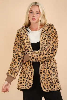 VERY J Fuzzy Leopard Jacket Long Sleeve Hooded Cotton Blend Outwear