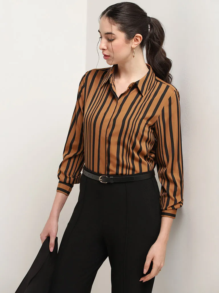 Wardrobe Tan Striped Polyester Shirt