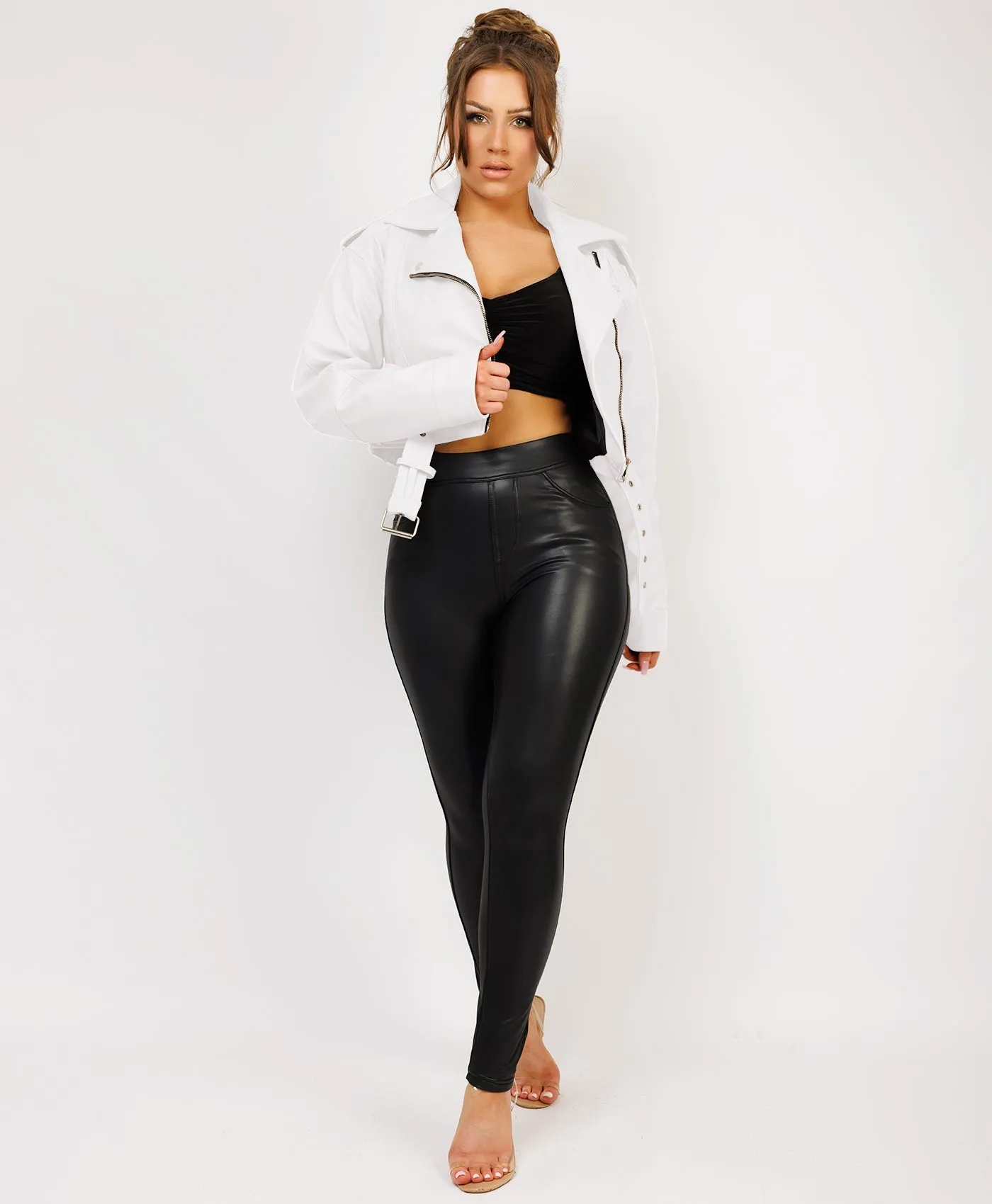 White Faux Leather Cropped Belted Biker Jacket