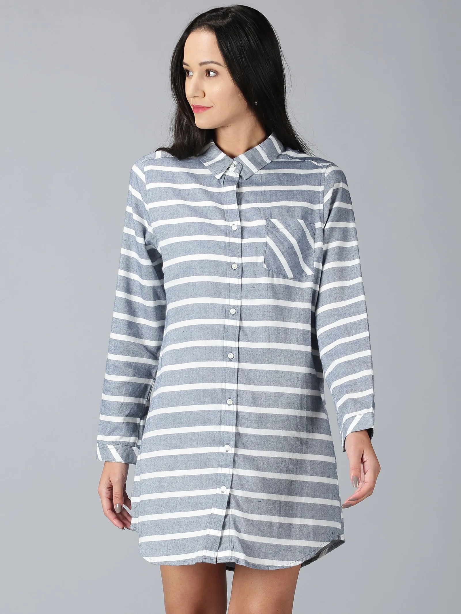 Women White & Navy Stripes Longline Casual Shirts