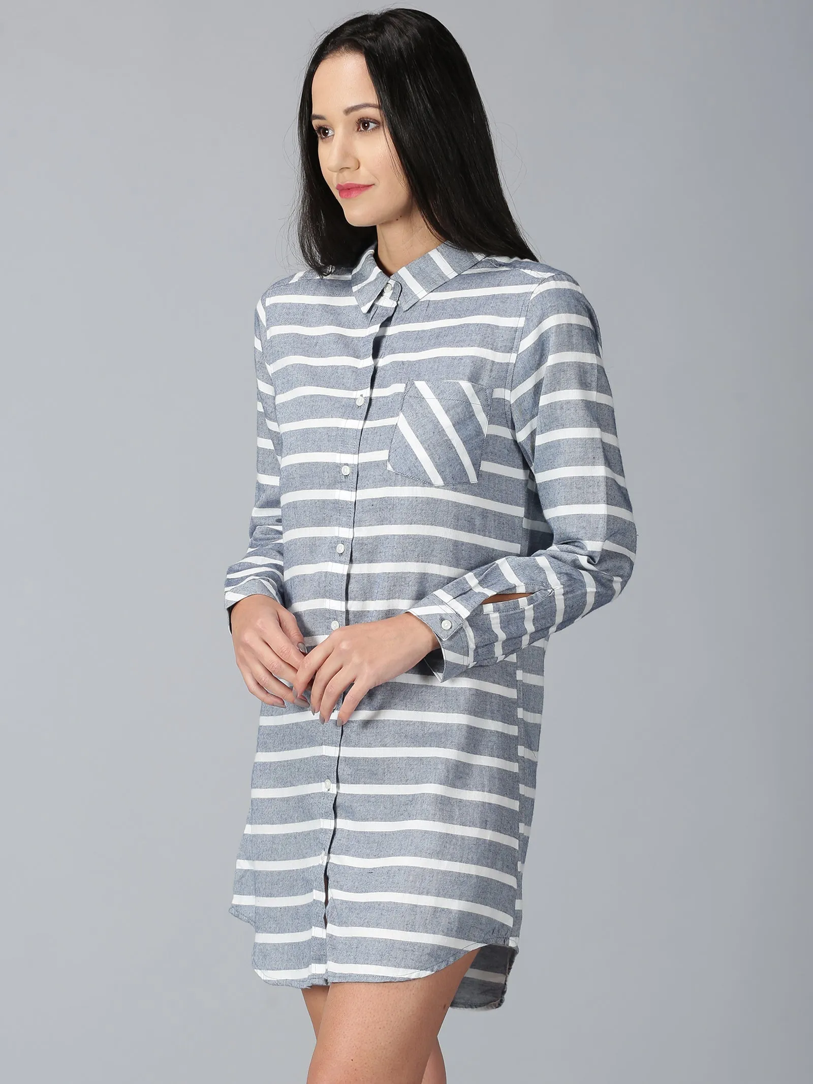 Women White & Navy Stripes Longline Casual Shirts